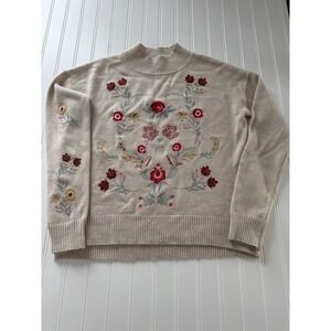 Wyld Hart Women's Tan Embroidered Floral Sweater L Cottagecore